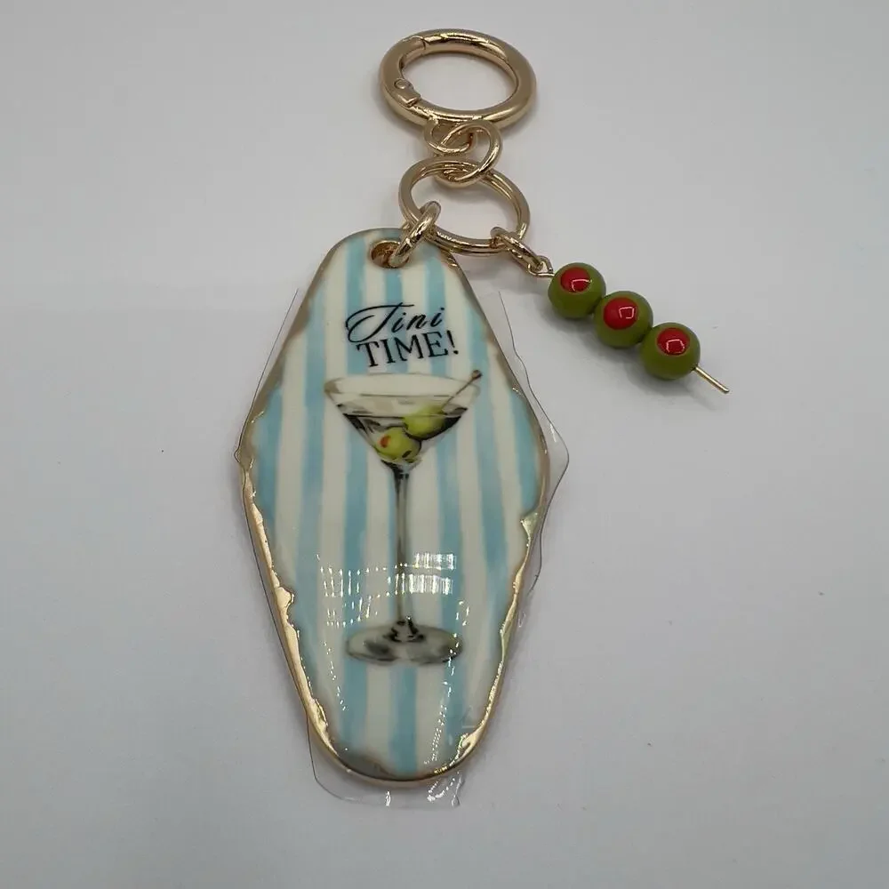 Piper K Tini Time Martini Glass Keychain Bag Charm Blue Stripe Beads Olive Retro